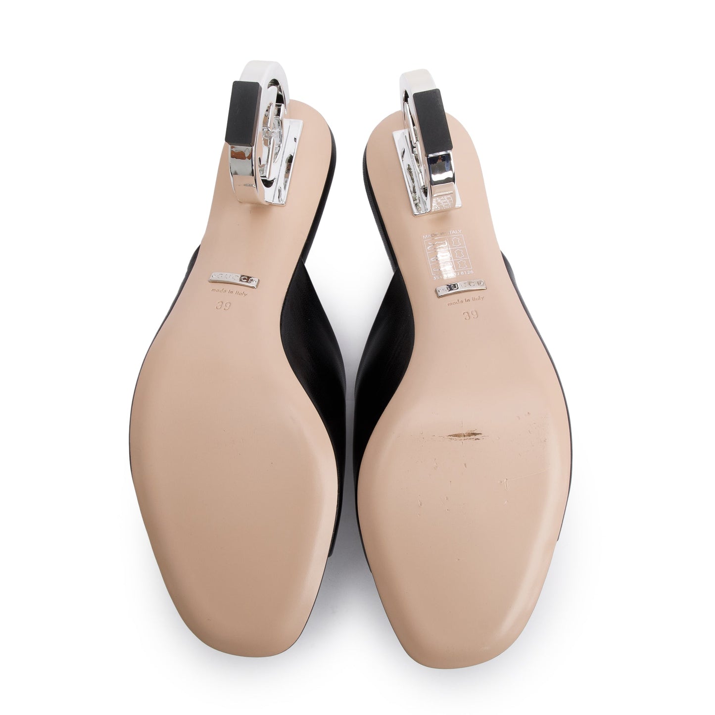 Gucci Black Calfskin Leather Interlocking G Heel Bella Sandals, Size 39