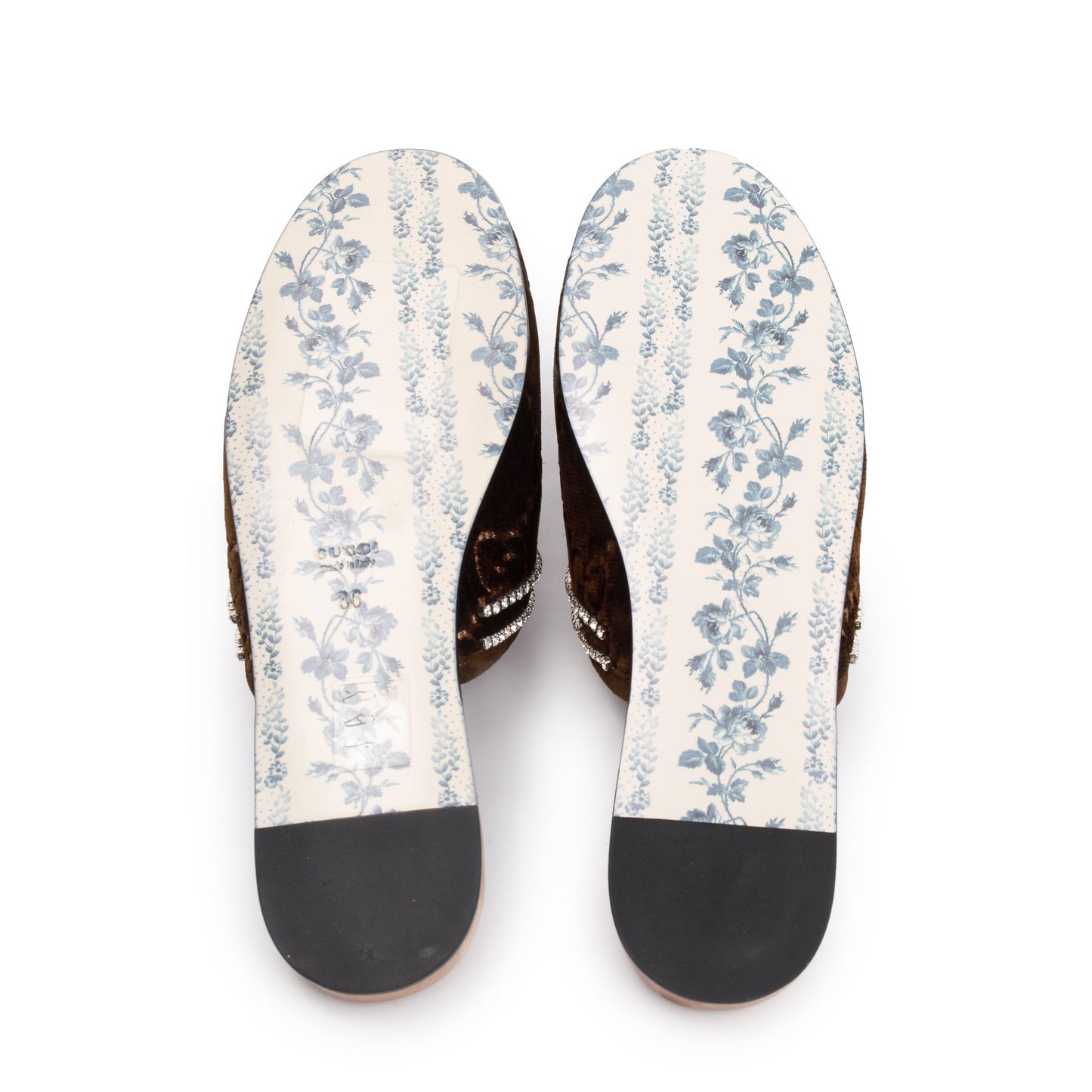 Gucci Brown GG Velvet Crystal Mules, Size 36