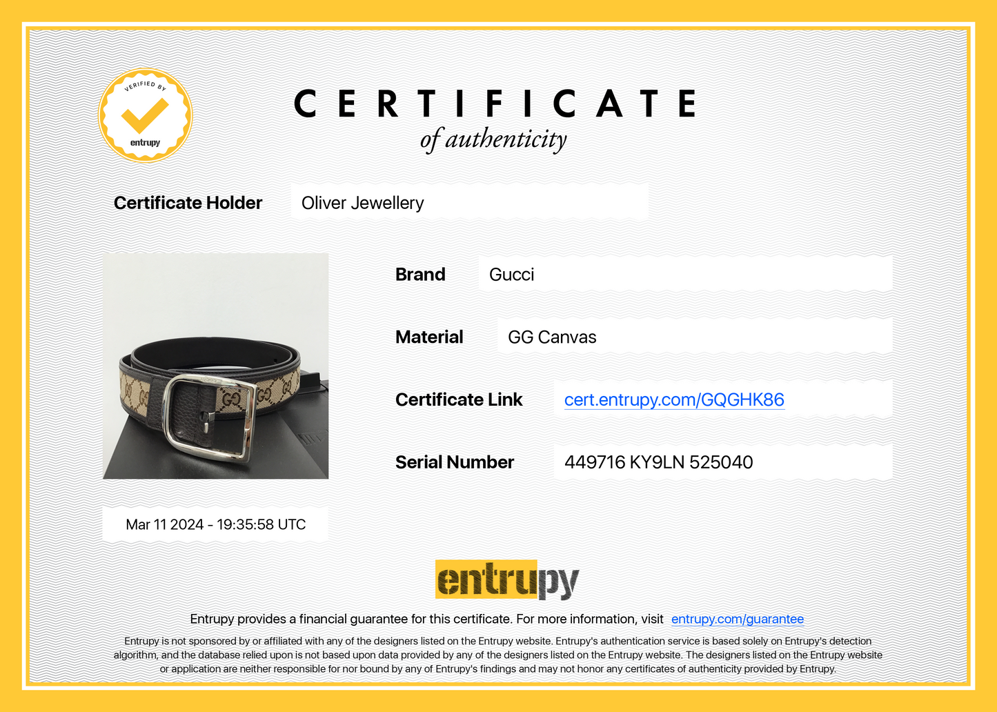 Gucci GG Canvas Brown Calfskin Leather Belt 105 42
