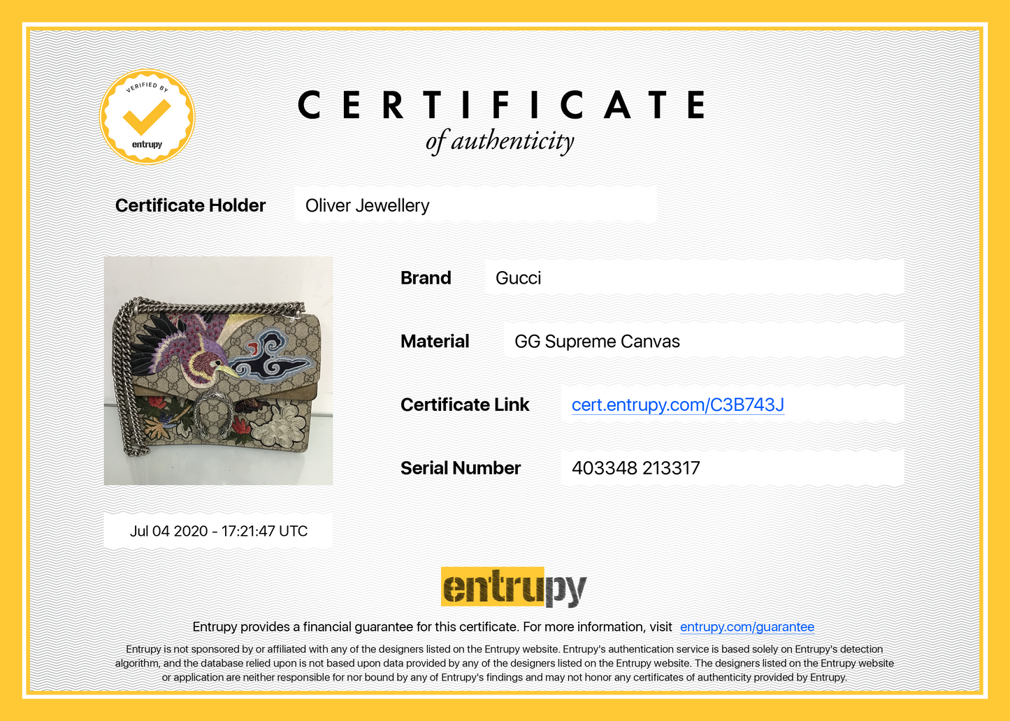 Gucci GG Supreme Medium Bird Dionysus Shoulder Bag