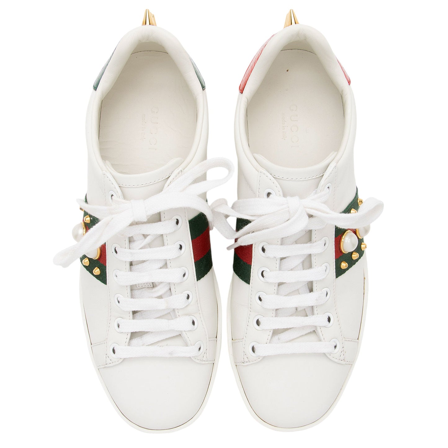Gucci Leather Pearl Studded Web Ace Sneakers - Size 7 / 37 (SHF-gBzTiz)