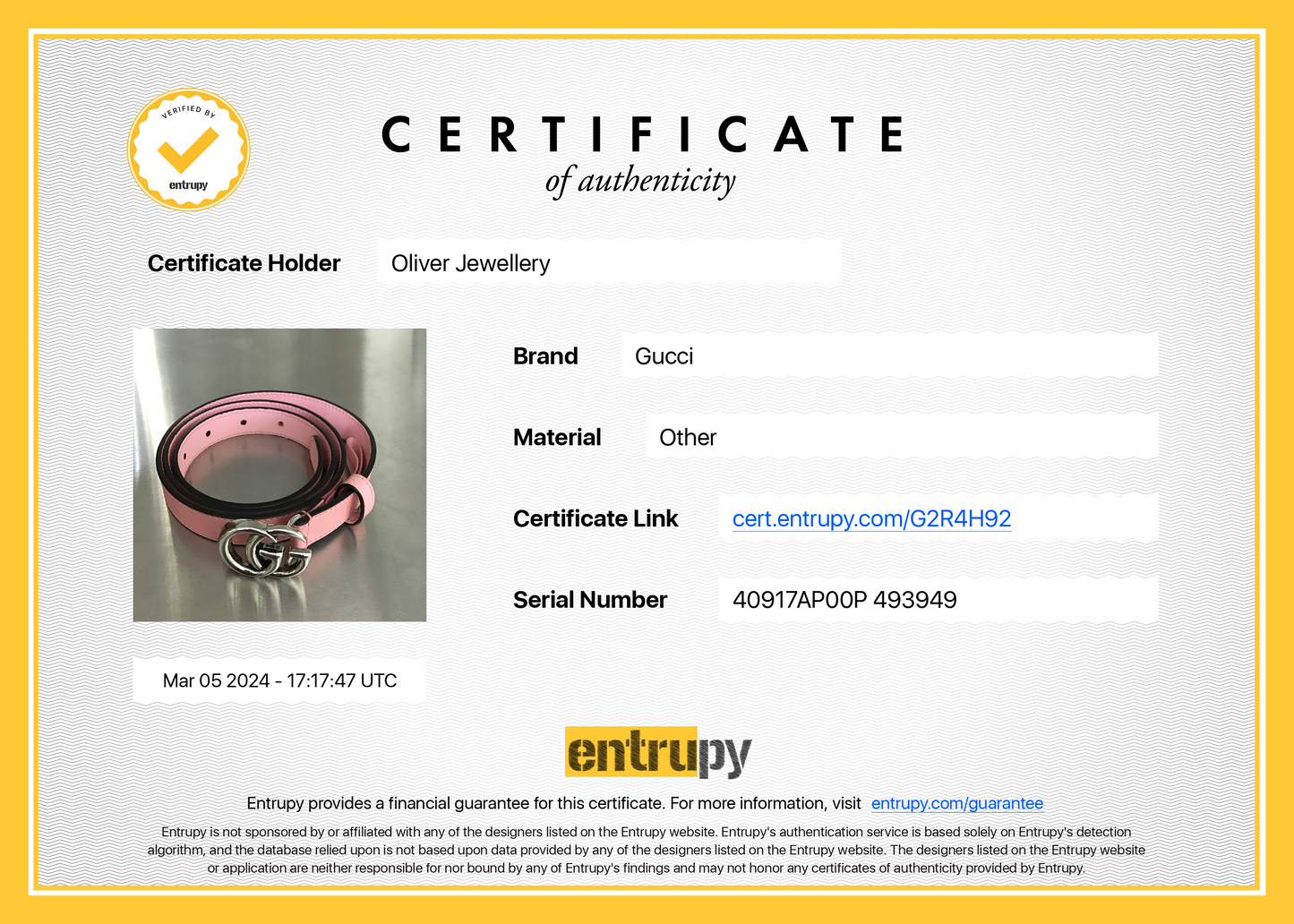Gucci Pink Leather Thin Belt with Double G Buckle, 85 34