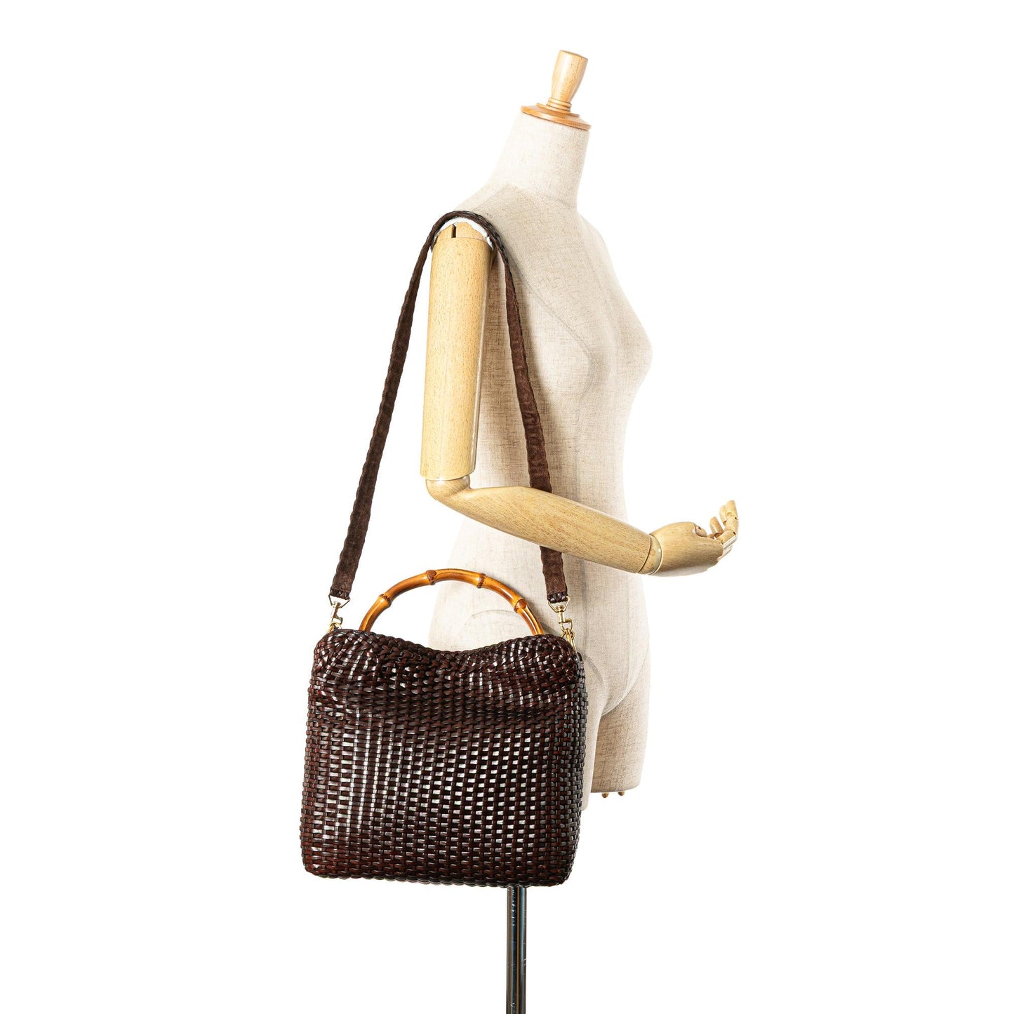 Gucci Woven Leather Bamboo Satchel