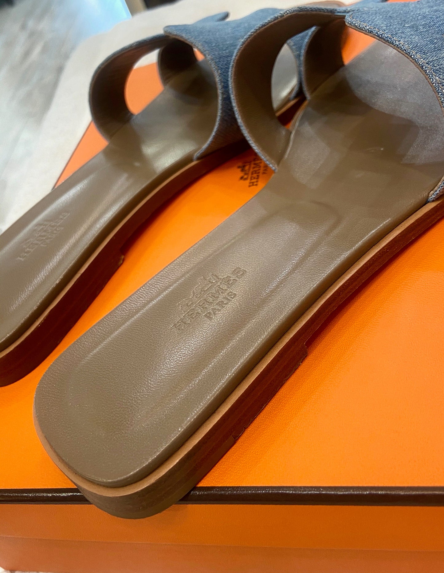 HERMÈS ORAN DENIM LEATHER MULES SANDALS