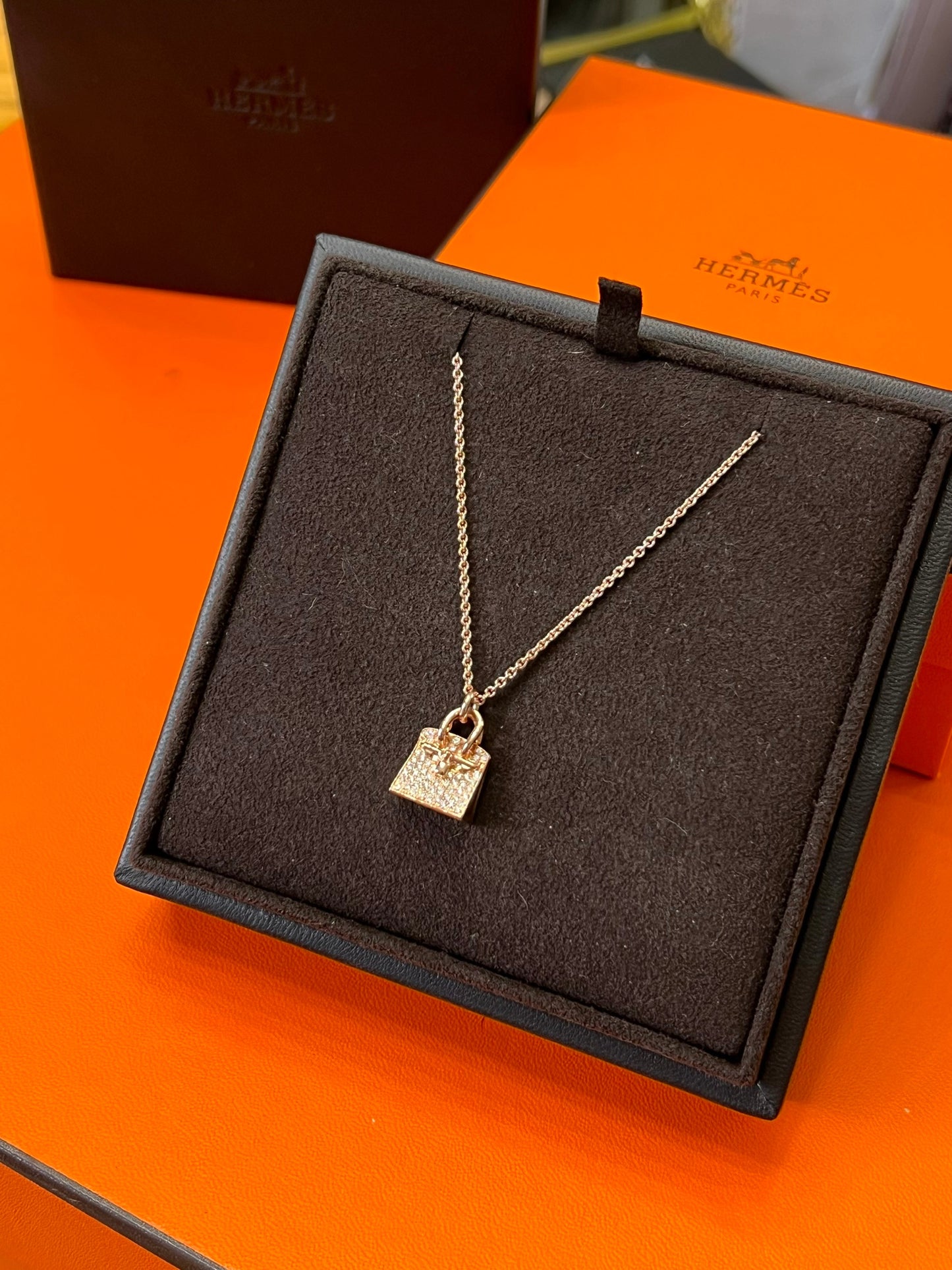 HERMÈS AMULETTES 18K ROSE GOLD DIAMONDS BIRKIN PENDANT NECKLACE
