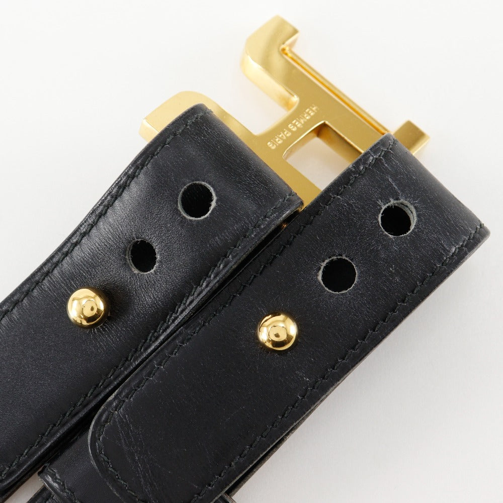 HERMES belt Calfskin , Plated Gold black vintage H belt Women