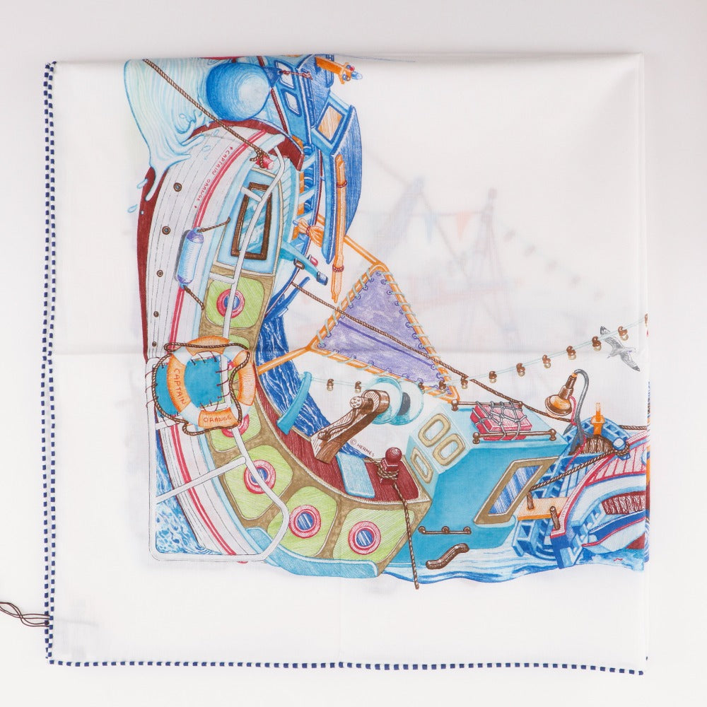 HERMES scarf cotton blue Bord a Bord Carre80