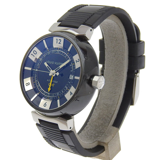LOUIS VUITTON Watches Mechanical Automatic Q113K Stainless Steel, Rubber Silver Tambour GMT black dial mens