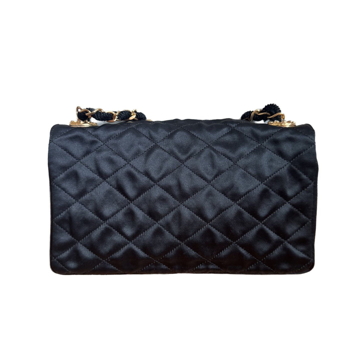 Chanel Classic Flap Mini Vintage Black Silk Satin Gem CC Buckle Crossbody Bag