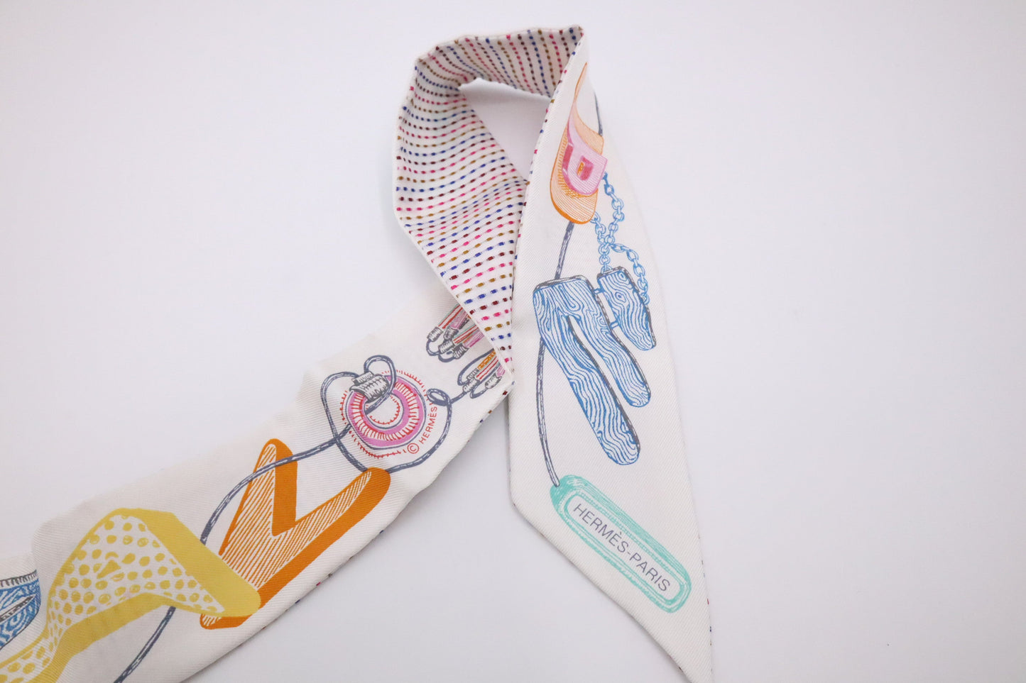Hermes 'Chevaloscope Pointille' Twilly in White Multicolor Silk
