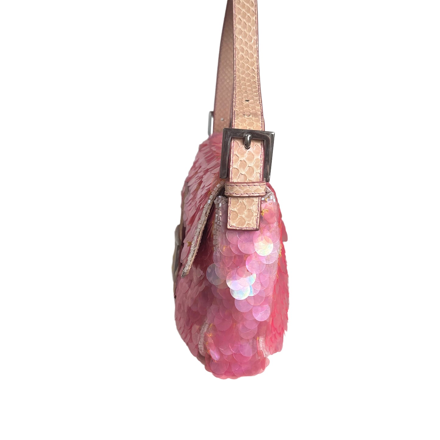 Fendi Baguette Pink Translucent Circular Sequins with Python-skin Leather Strap