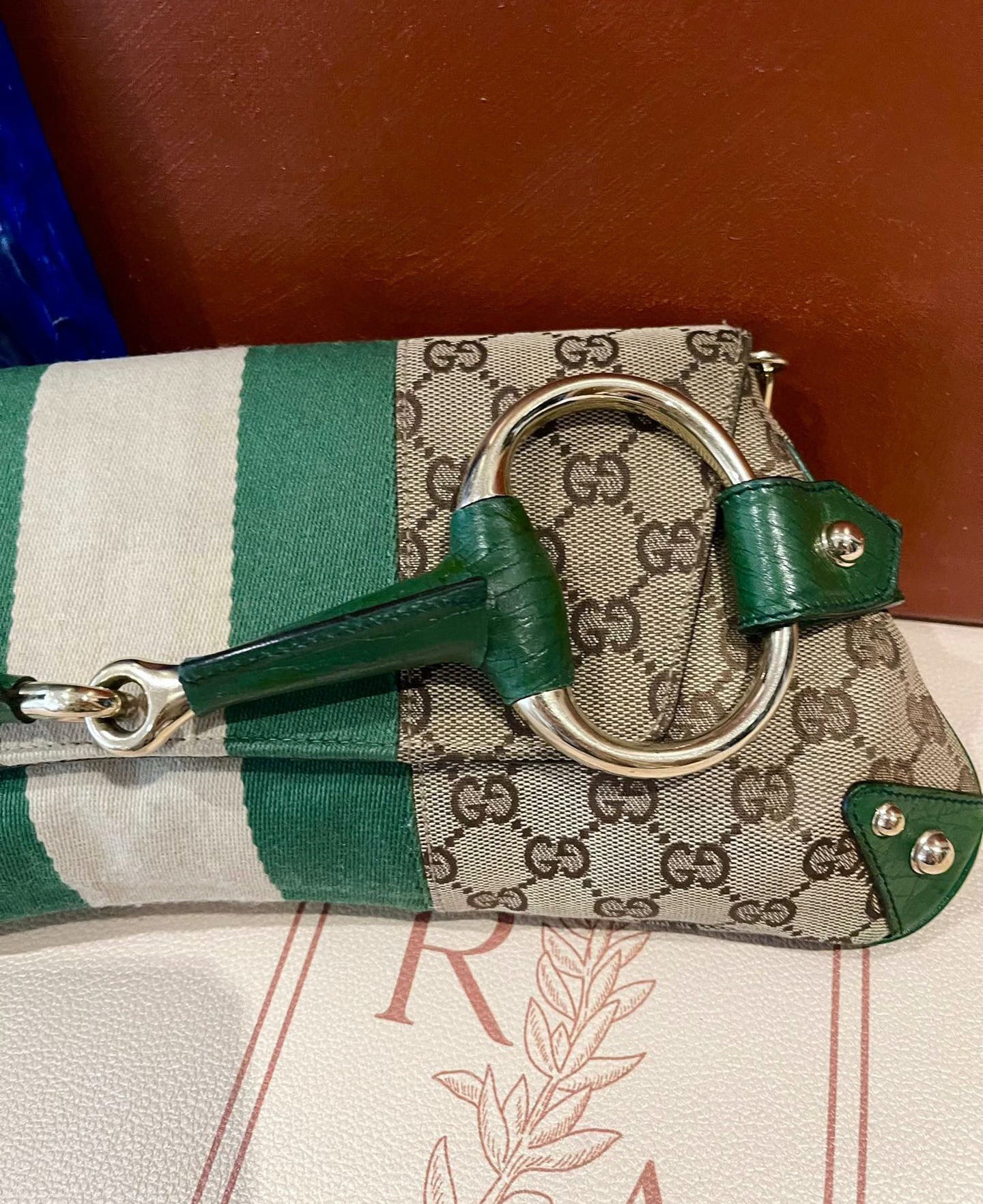 Iconic Gucci Horsebit 1955 Chain Cloth Gucci Monogram Green Leather and Gold Studs