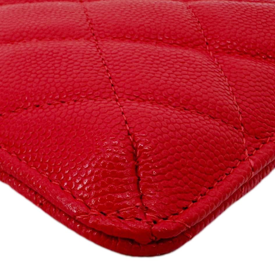 CHANEL Classic Flat Quilted Caviar Leather Wallet Pouch Red