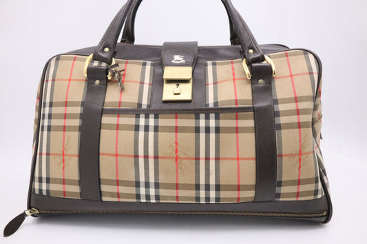 Burberry Duffle Bag with Shoes Compartment in Brown Checked Canvas