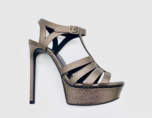 SAINT LAURENT METALLIC BROWN PLATFORM SANDALS