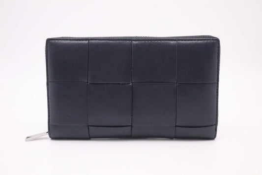 Bottega Veneta Cassette Zippy Wallet in Navy Blue Intrecciato Leather