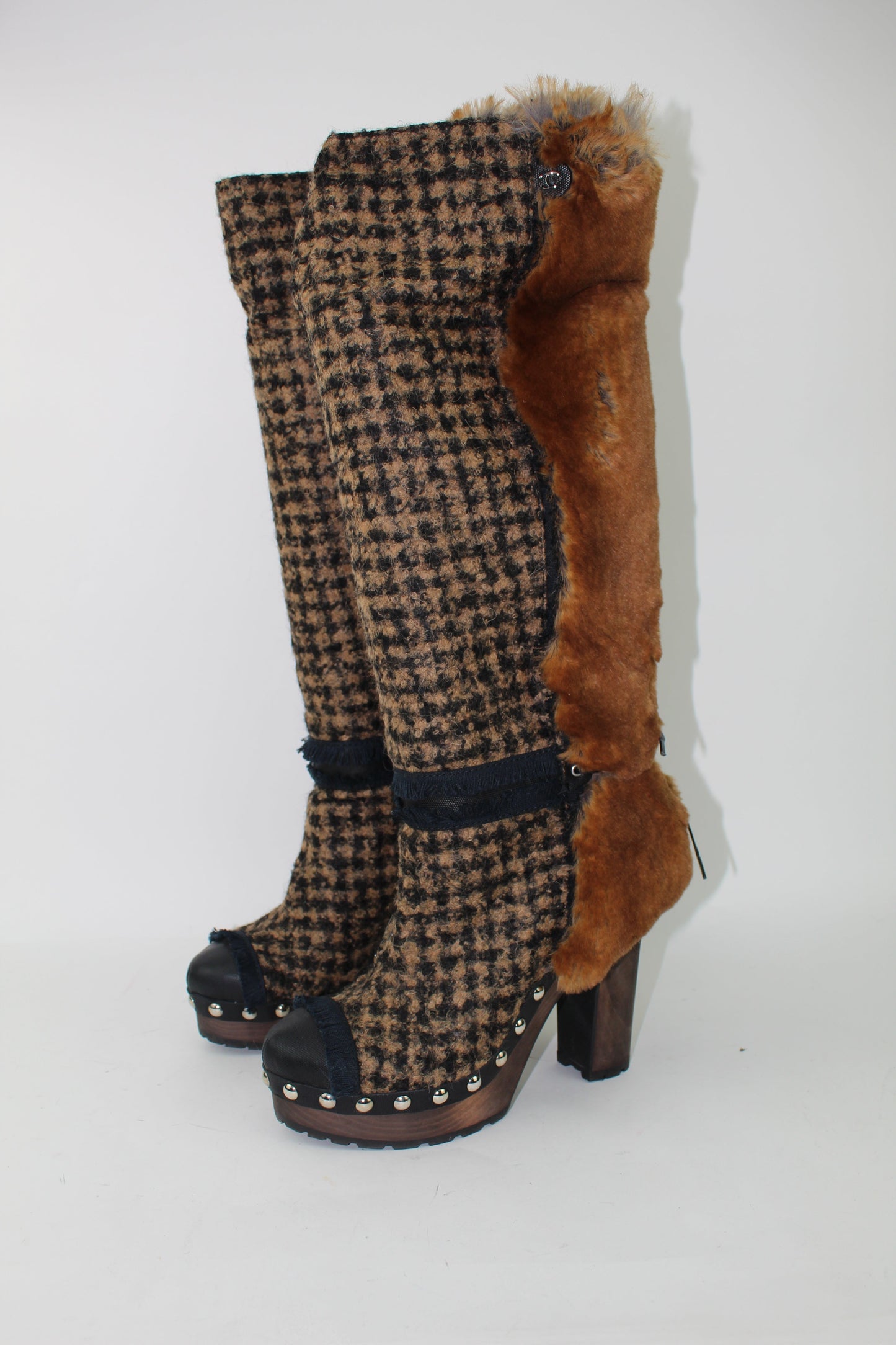CHANEL FANTASY RABBIT FUR TWEED BOOTS