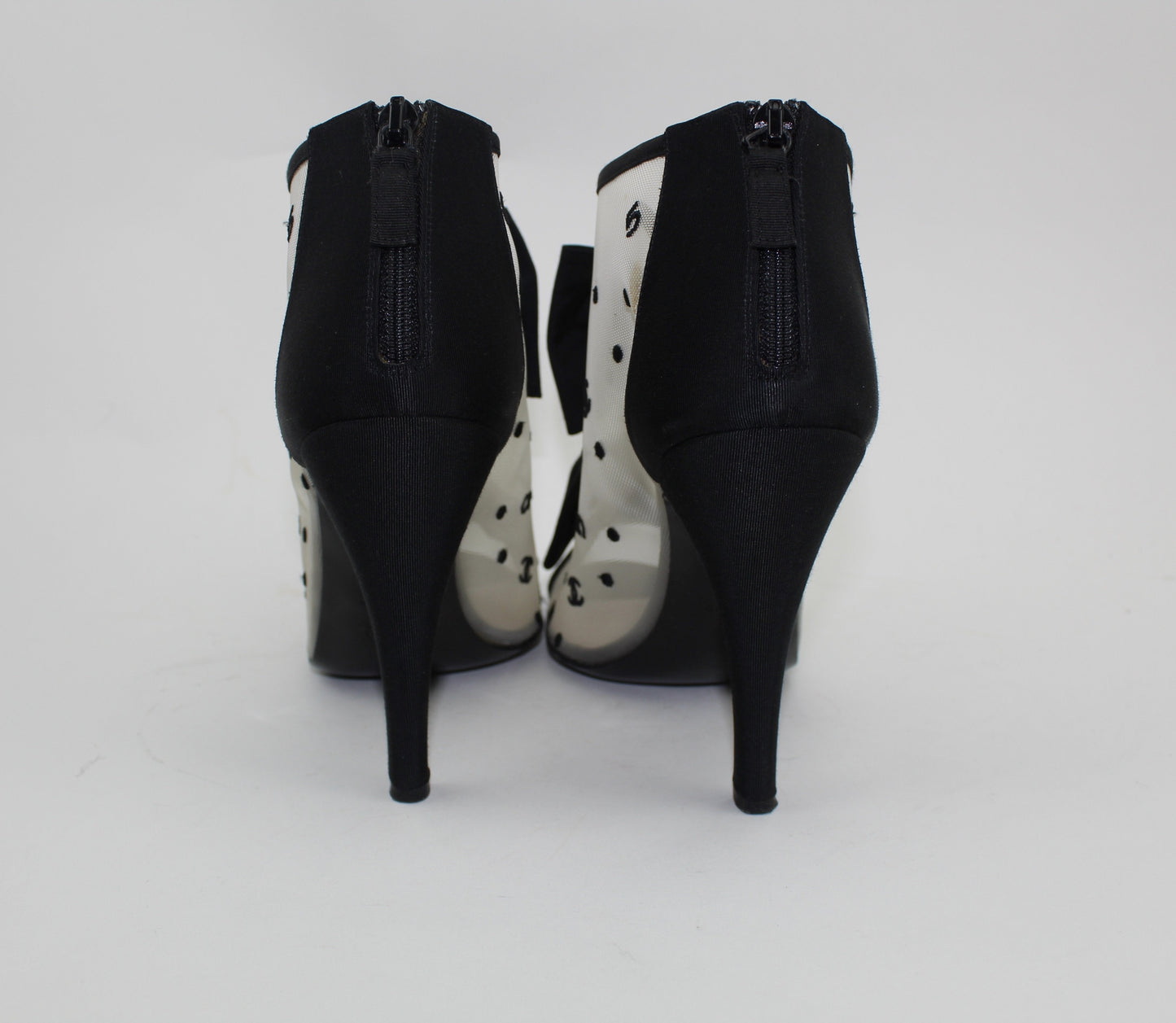 CHANEL BLACK 'CC' MESH OPEN TOE BOWTIE BOOTIES