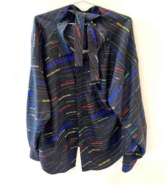 BALENCIAGA 'BLACK SCARF' LOGO PRINTED BLOUSE