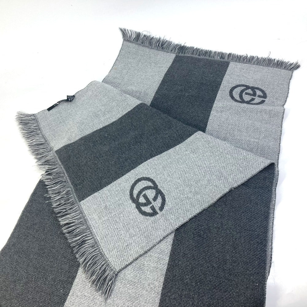 GUCCI Scarf wool gray Fringe logo GG stripes Women