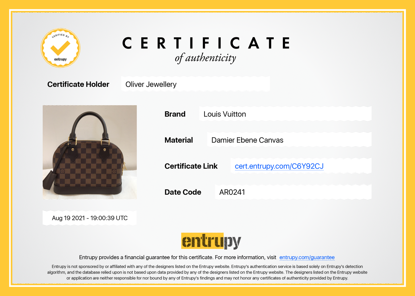Louis Vuitton 2021 Damier Ebene Alma BB