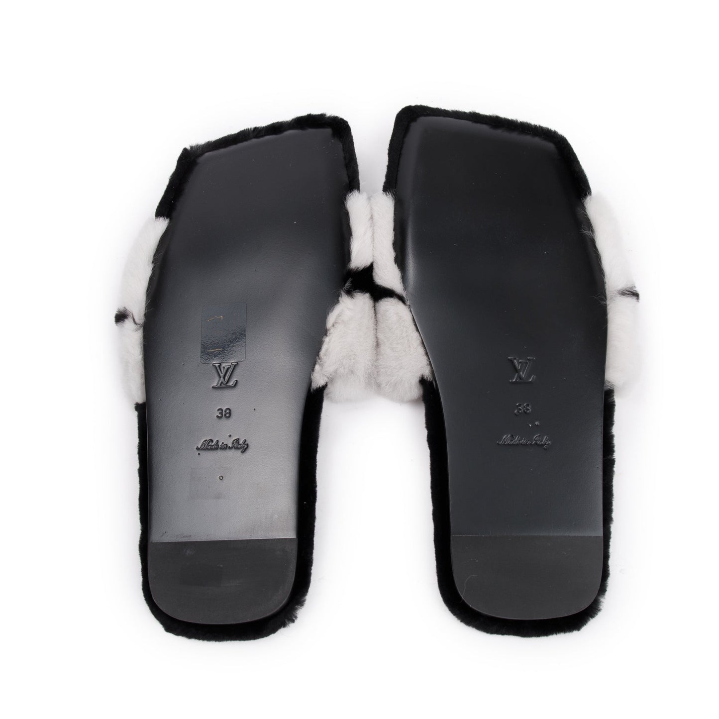 Louis Vuitton 2021 White/Black Monogram Print Fur Mink Flat Mules, Size 38