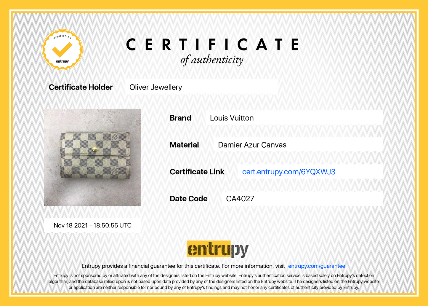 Louis Vuitton Damier Azur Trifold Wallet