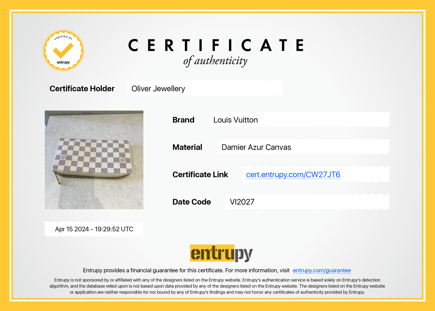 Louis Vuitton Damier Azur Zippy Organizer Wallet