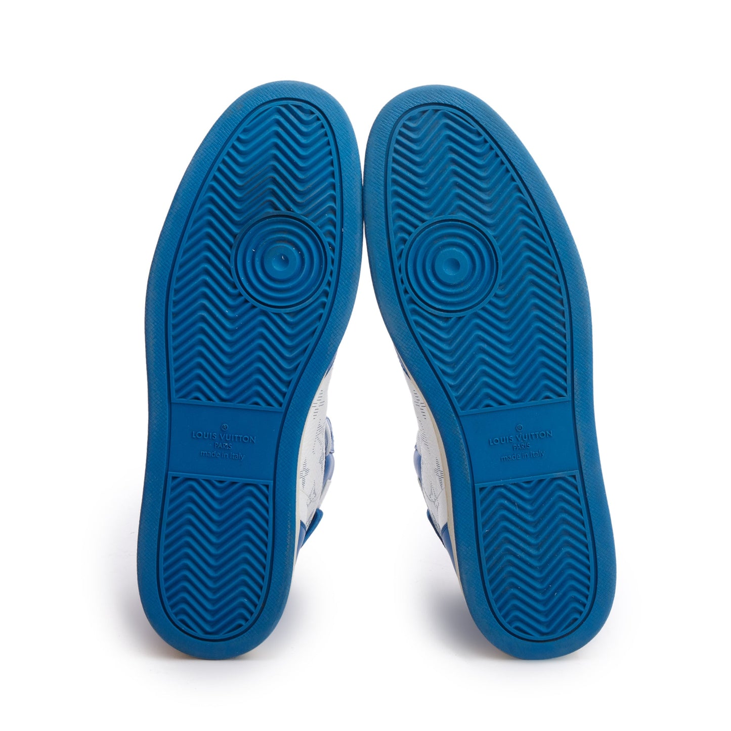 Louis Vuitton White/Blue Monogram Leather Rivoli High-Top Sneakers, Size 8.5