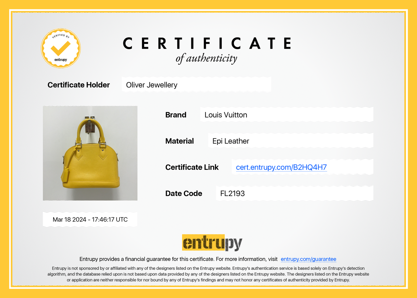 Louis Vuitton Yellow Epi Leather Alma BB