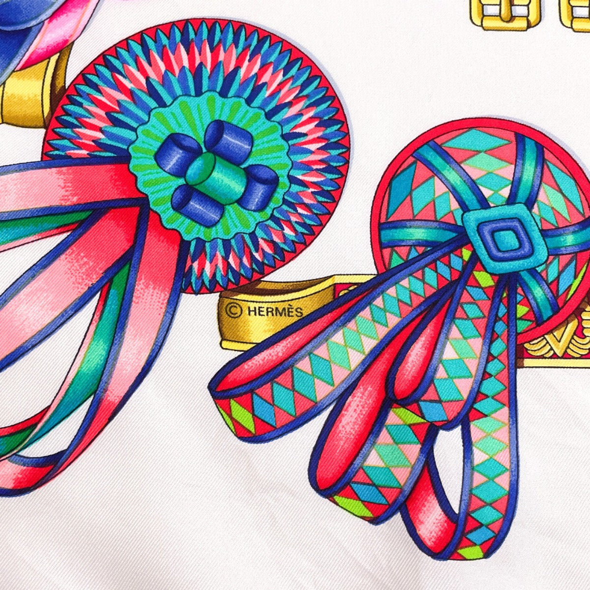 HERMES scarf Silk, 100% silk white LES RUBANS DU CHEVAL Horse Ribbon Carre 90