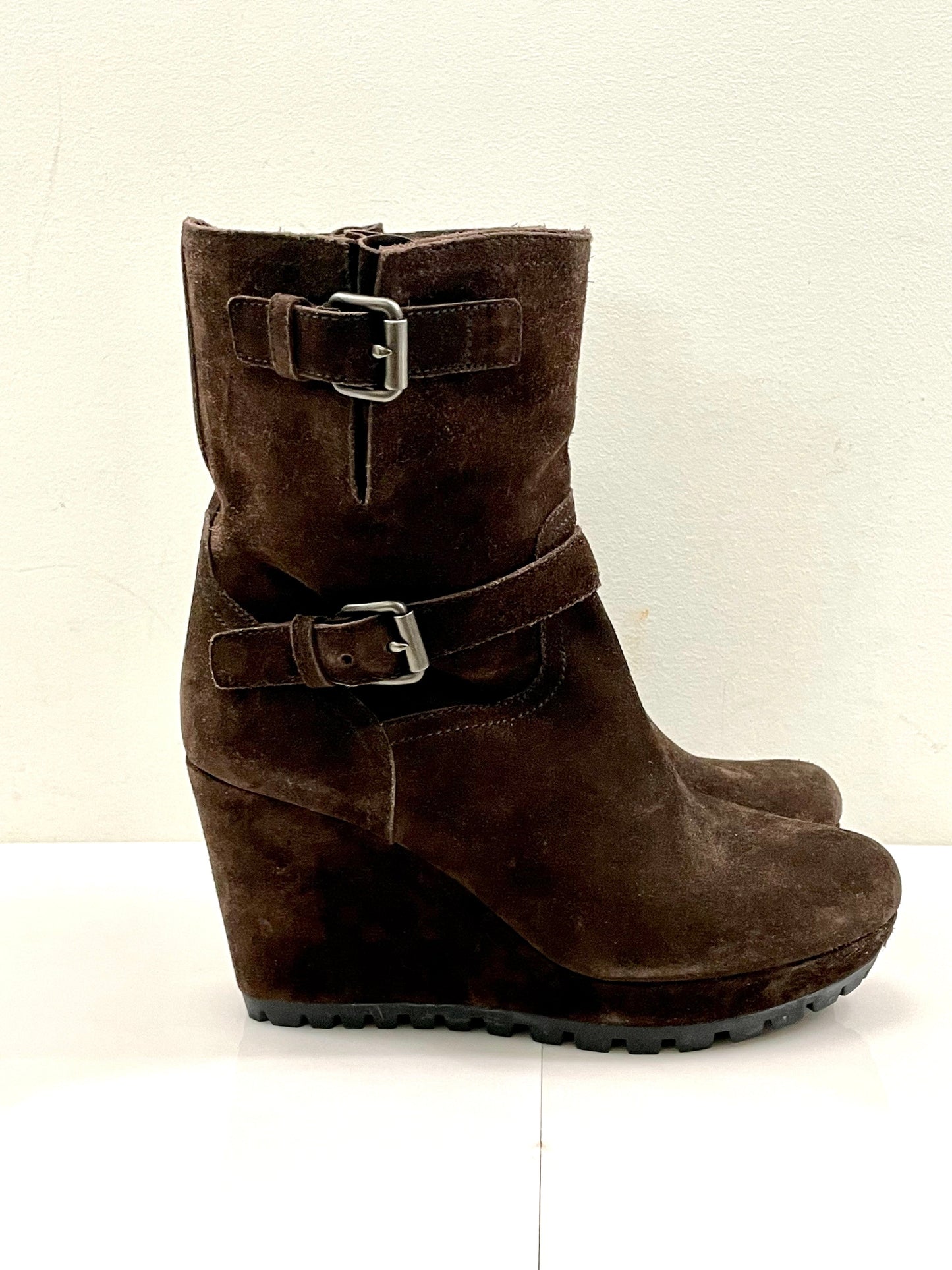 PRADA DOUBLE BUCKLE SUEDE WEDGE HEEL BOOTS