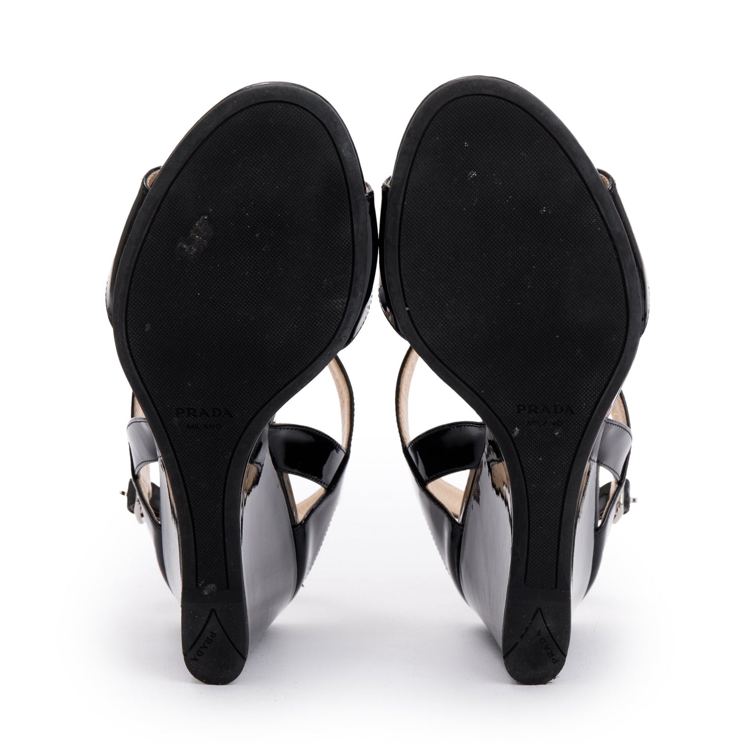 Prada Black Patent Leather Calzature Donna Wedge Sandals, Size 37