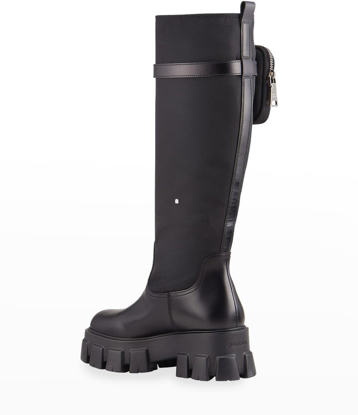 PRADA NYLON ZIP POCKET PLATFORM RIDING BOOTS