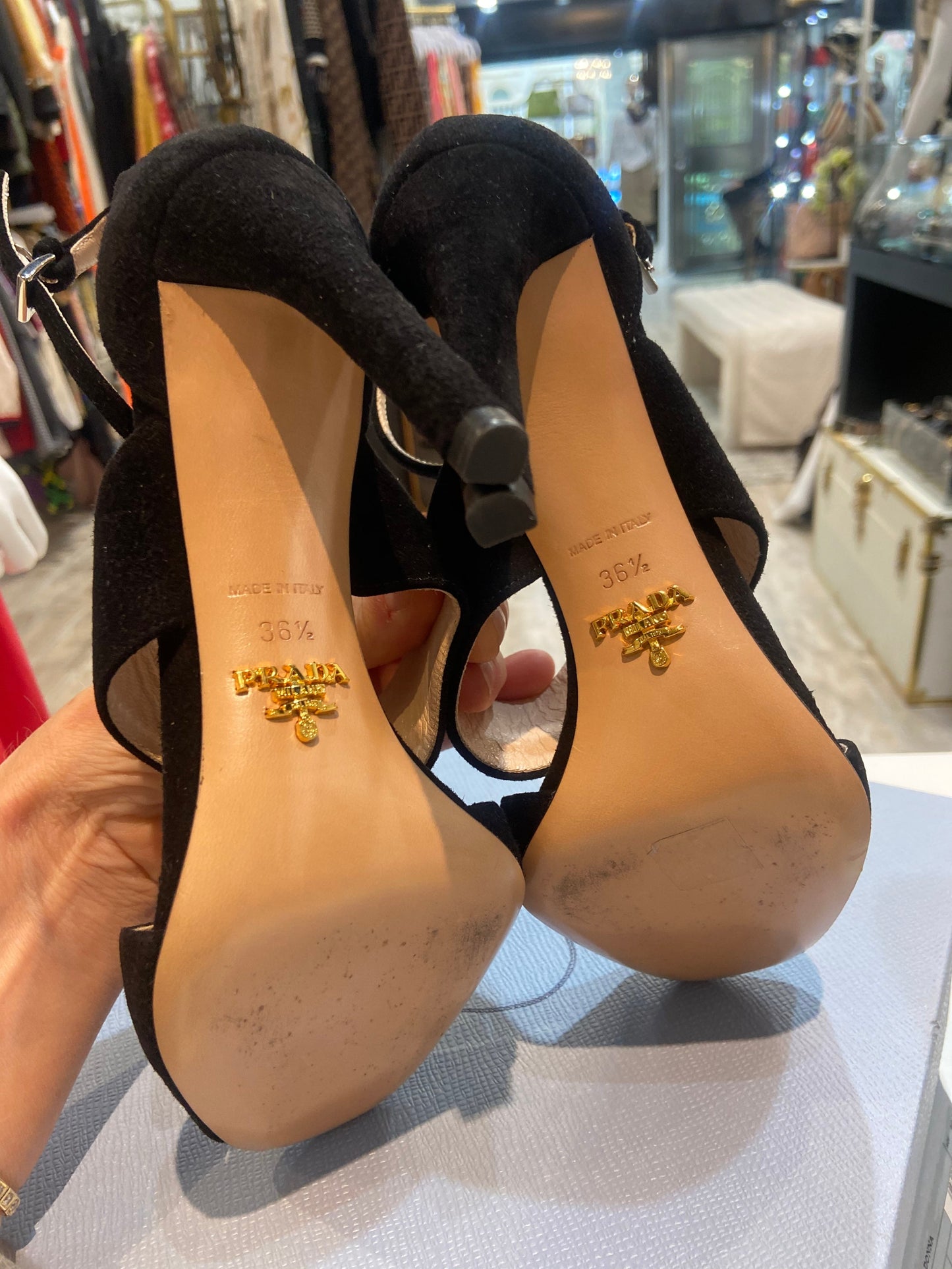 PRADA SUEDE STRAPPY HEELED SANDALS