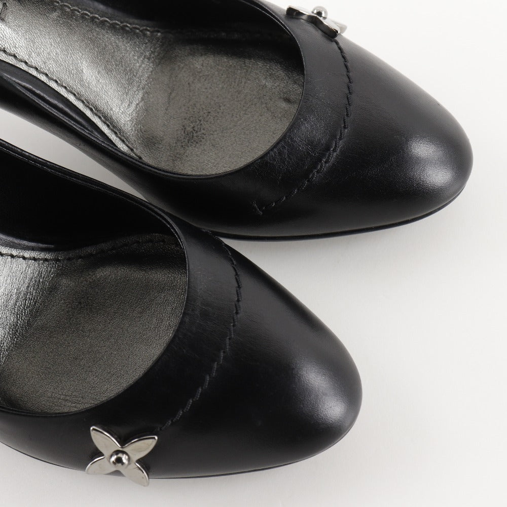 LOUIS VUITTON pumps leather black Round toe Monogram flower Women 34