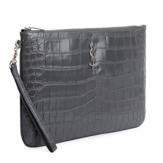 Saint Laurent 2020 Grey Crocodile Embossed Leather Cassandre Tablet Pouch