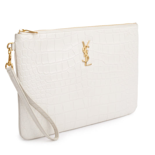 Saint Laurent 2020 White Crocodile Embossed Leather Cassandre Tablet Pouch