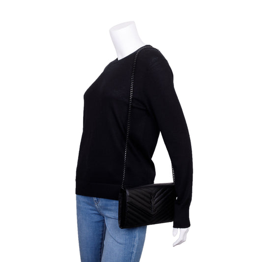 Saint Laurent 2021 Black Grained de Poudre Cassandre Matelasse Chain Wallet