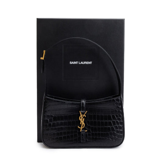 Saint Laurent 2022 Black Croc Embossed Shiny Leather Le 5 A 7 Hobo Bag