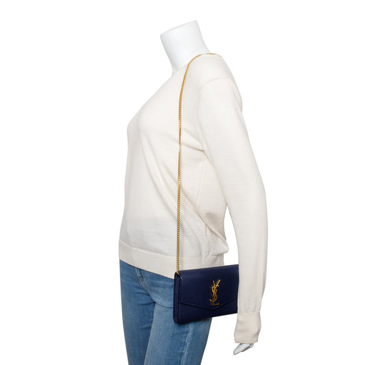 Saint Laurent 2022 Blue Grain De Poudre Leather Uptown Chain Wallet