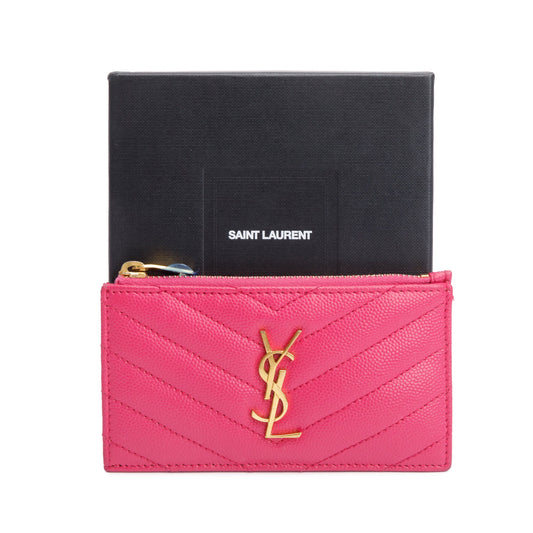Saint Laurent 2022 Pink Grain De Poudre Leather Cassandre Matelasse Fragments Zipped Card Case