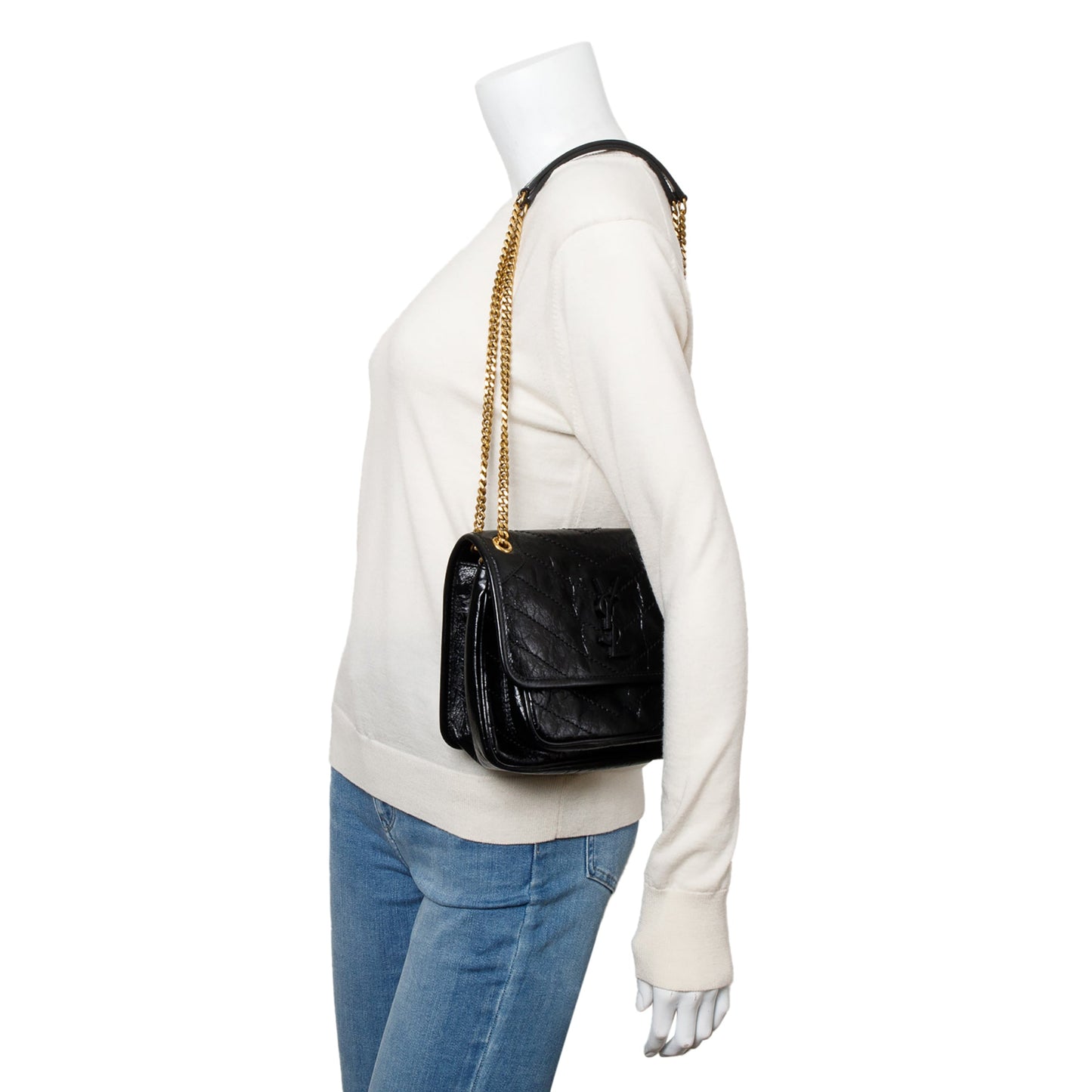 Saint Laurent 2023 Black Crinkled Calfskin Leather Baby Niki Shoulder Bag