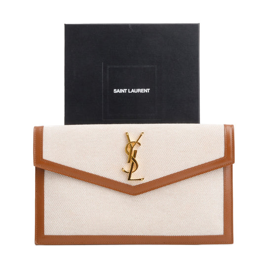 Saint Laurent 2023 Neutral Canvas Brown Smooth Leather Uptown Pouch