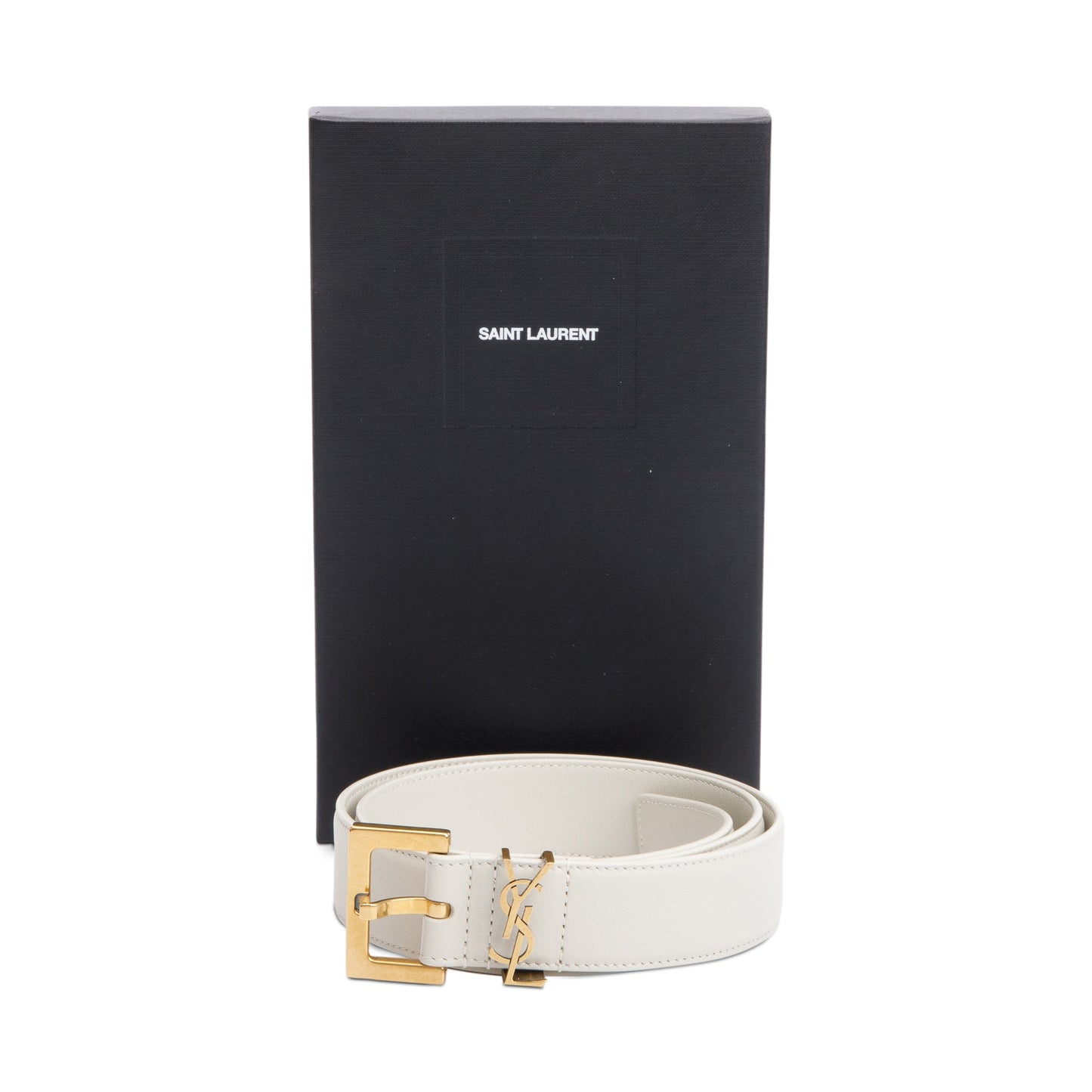 Saint Laurent 2023 White Calfskin Leather Square Buckle Cassandre Belt 80