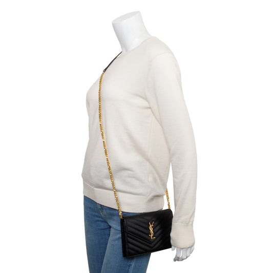 Saint Laurent Black Grain De Poudre Cassandre Envelope Chain Wallet