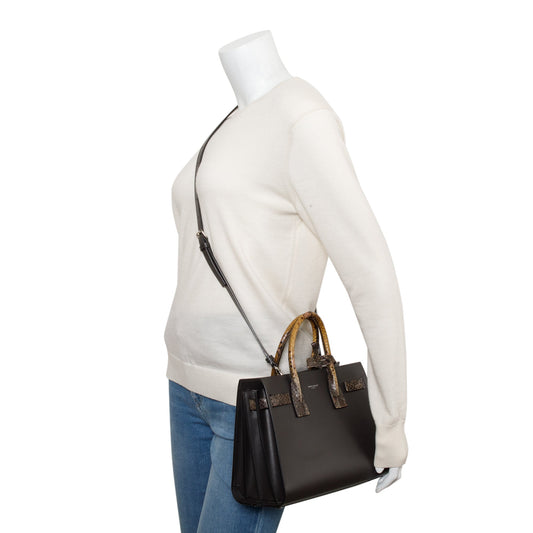 Saint Laurent Brown Grained Leather Python Trim Baby Sac De Jour