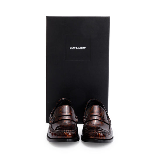 Saint Laurent Brown Tortoisehell Patent Leather Le Loafer Penny Shoes, Size 41.5