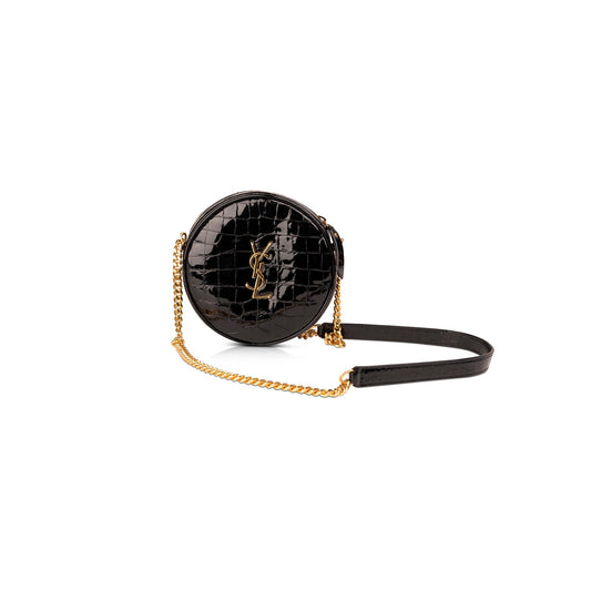 Saint Laurent Croc Embossed Patent Leather Round Monogram Camera Bag