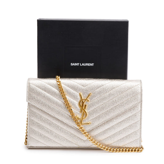 Saint Laurent Metallic Gold Grain De Poudre Leather Cassandre Matelasse Chain Wallet